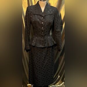 1950s New Look Inspired Brocade Black Peplum Suit Built for the Stage